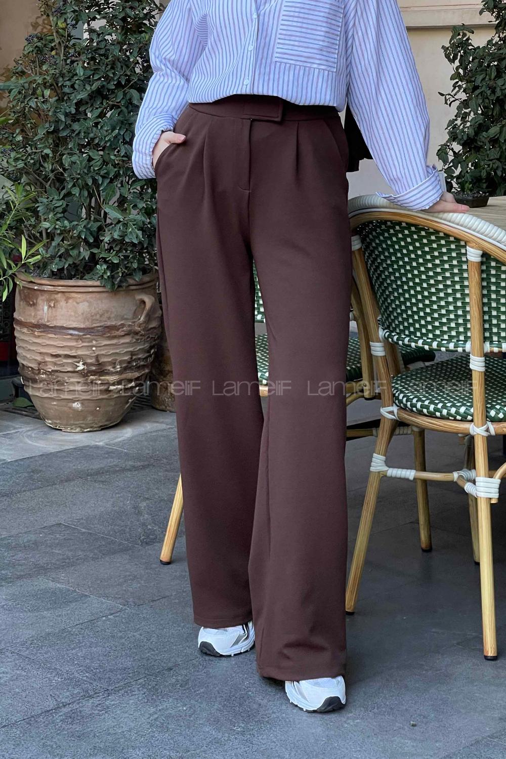 Lamelif  Beli Cırtcırt Kapama Detaylı Pantolon Acı Kahve