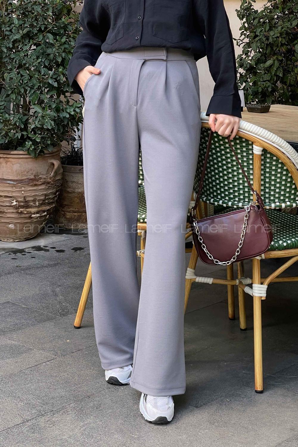 Lamelif  Beli Cırtcırt Kapama Detaylı Pantolon Gri