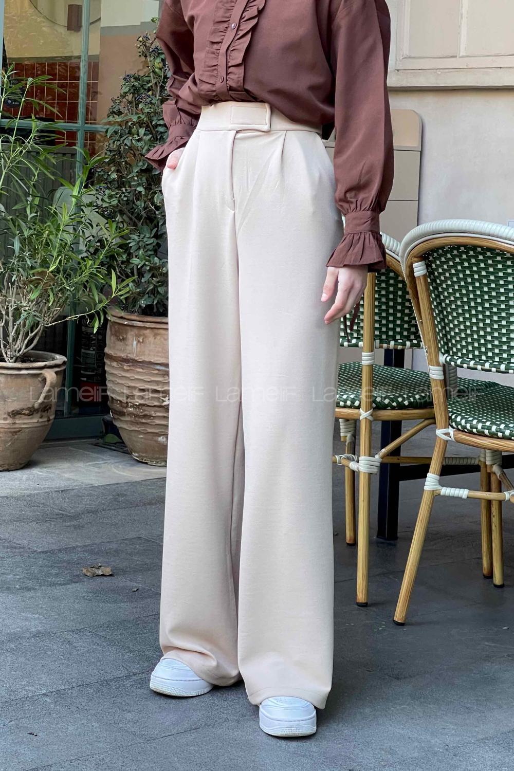 Lamelif  Beli Cırtcırt Kapama Detaylı Pantolon Krem