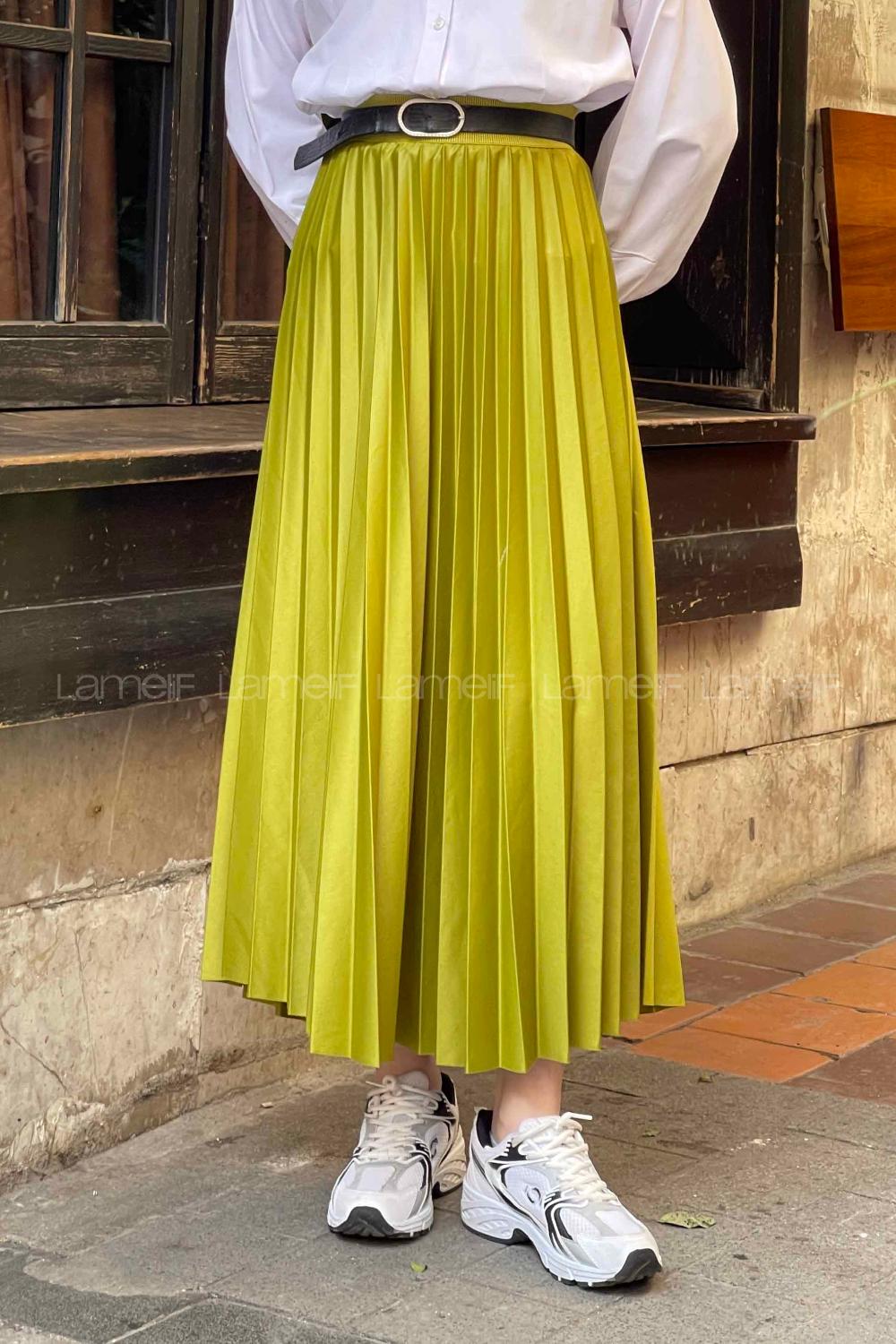 Oil Green Faux Leather Unprinted Pleated Skirt