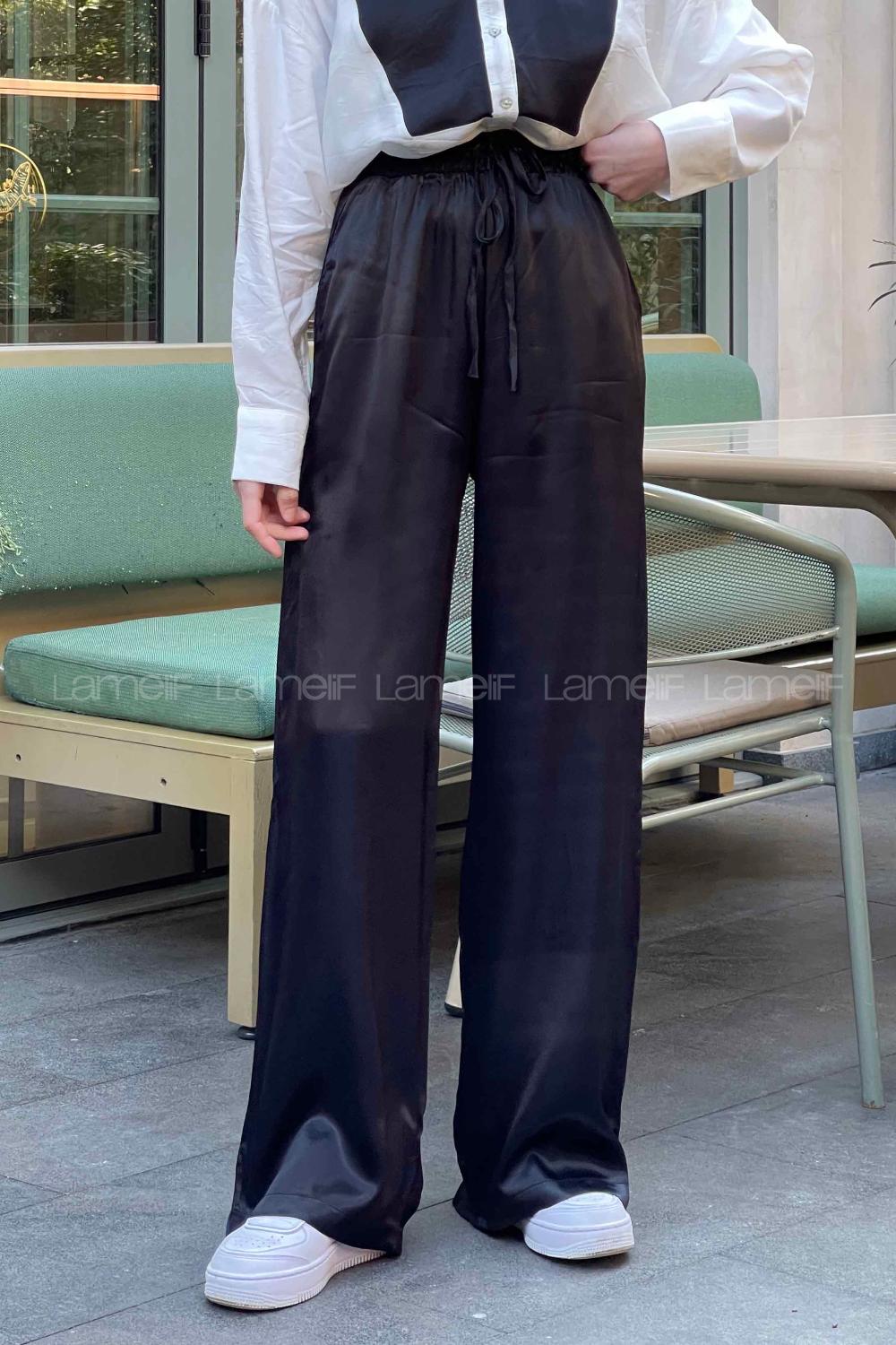 Lamelif Bol Paça Saten Pantolon Siyah