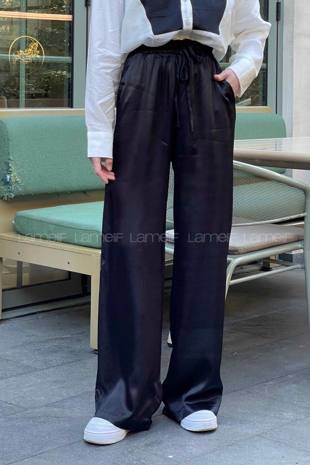 Lamelif Bol Paça Saten Pantolon Siyah