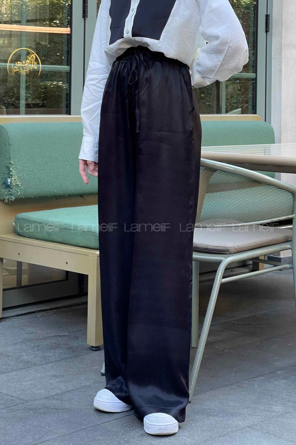 Lamelif Bol Paça Saten Pantolon Siyah
