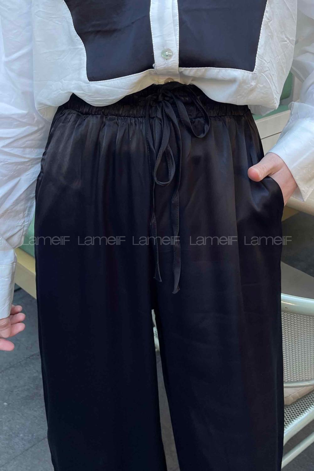 Lamelif Bol Paça Saten Pantolon Siyah