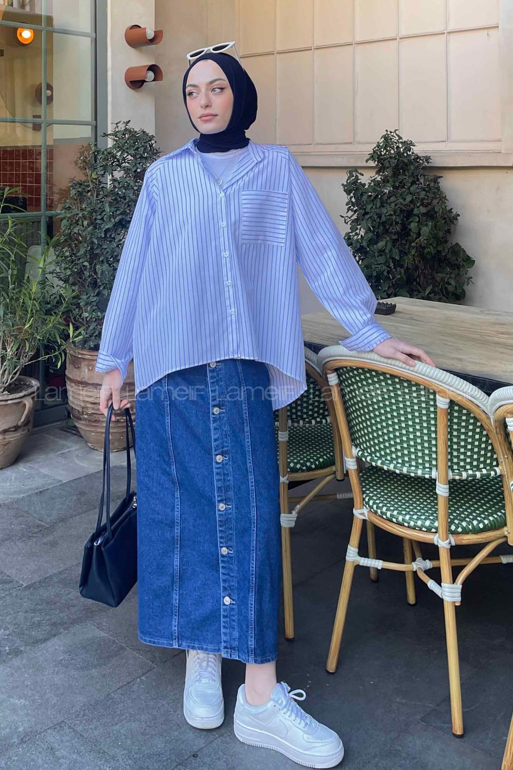 Lamelif Çizgili Uzun Kol Oversize Gömlek Beyaz -Mavi