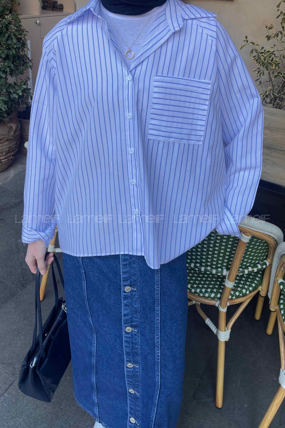 Lamelif Çizgili Uzun Kol Oversize Gömlek Beyaz -Mavi