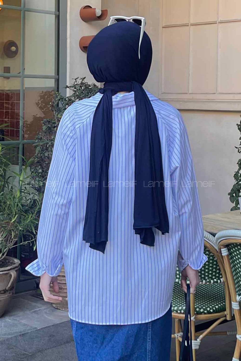 Lamelif Çizgili Uzun Kol Oversize Gömlek Beyaz -Mavi