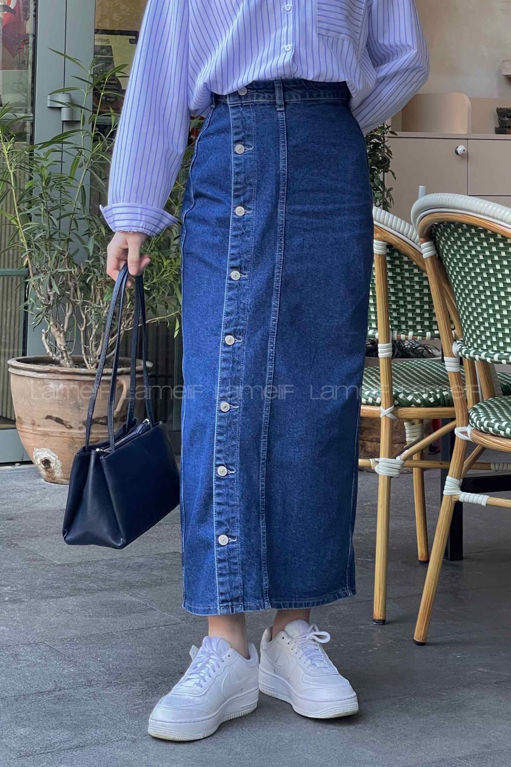 Lamelif Düğmeli Kot Etek Mavi