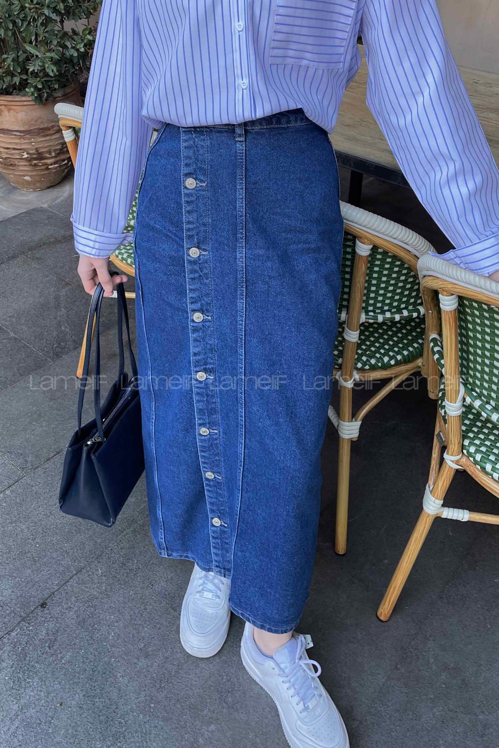 Lamelif Düğmeli Kot Etek Mavi