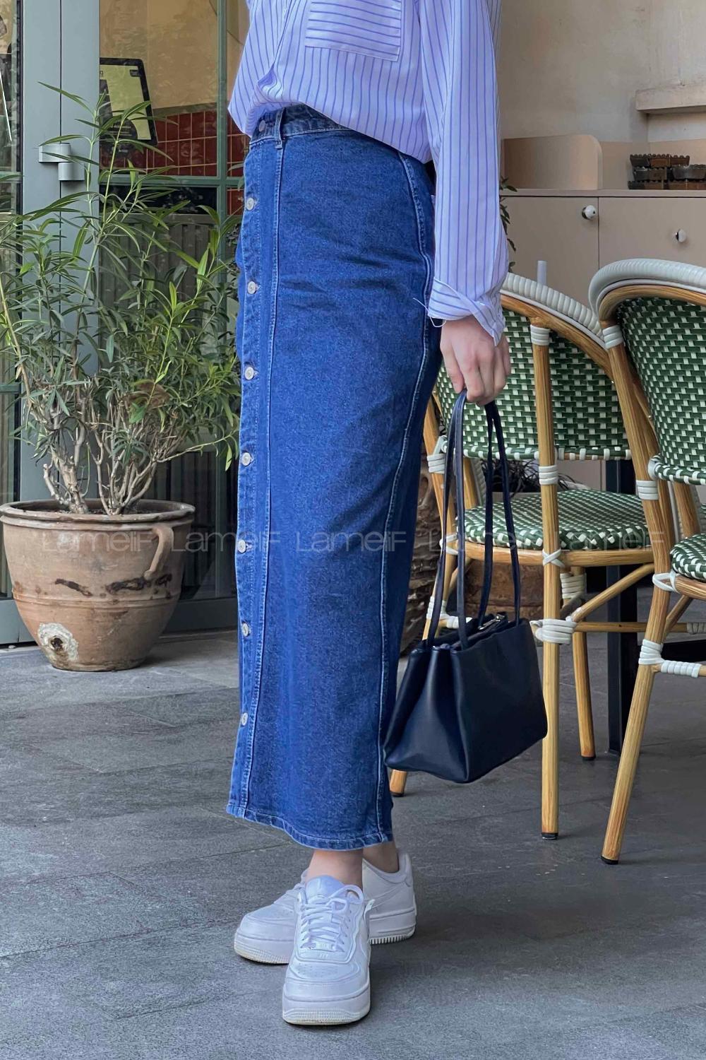 Lamelif Düğmeli Kot Etek Mavi