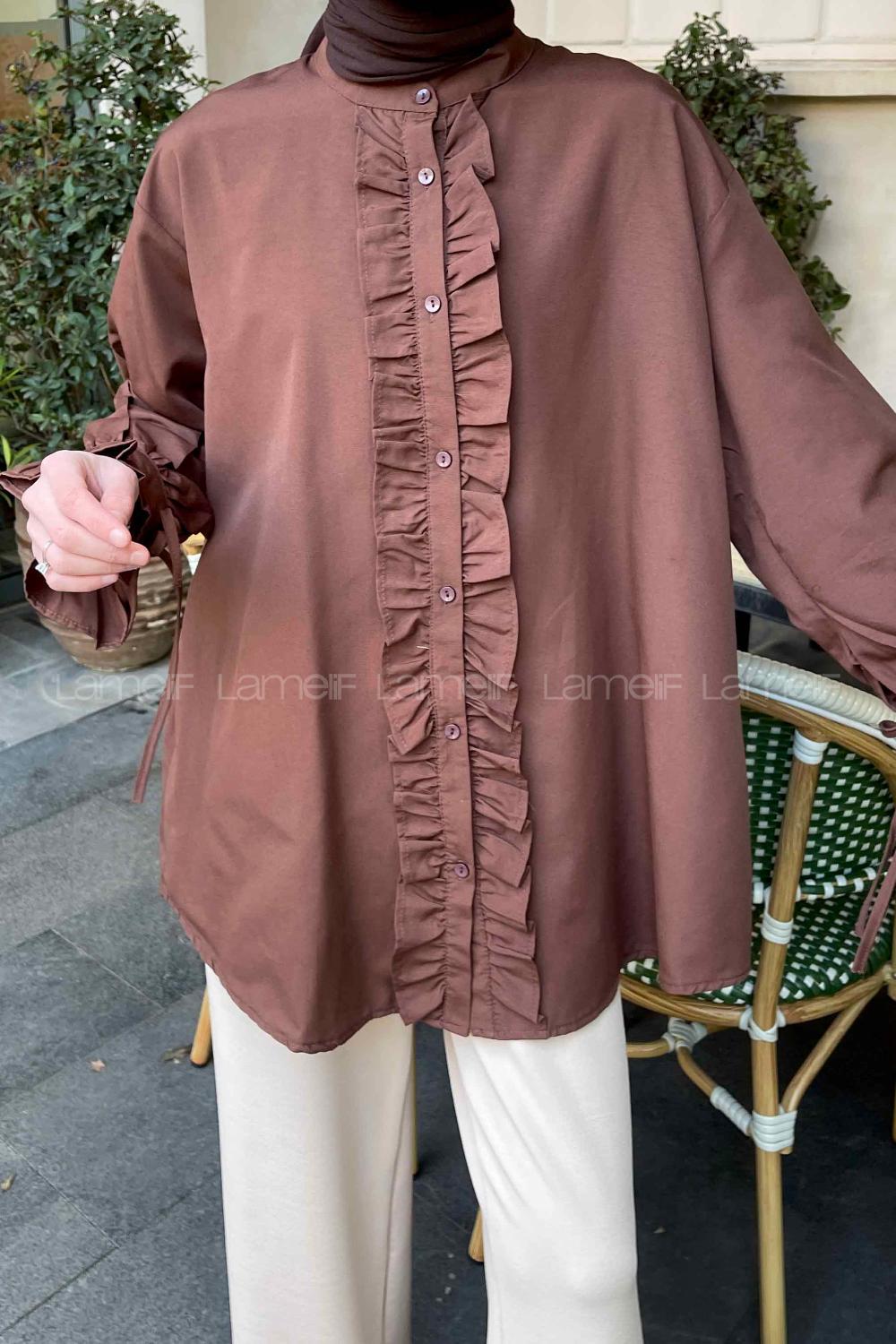 Lamelif Flores Fırfırlı Tunik Kahverengi