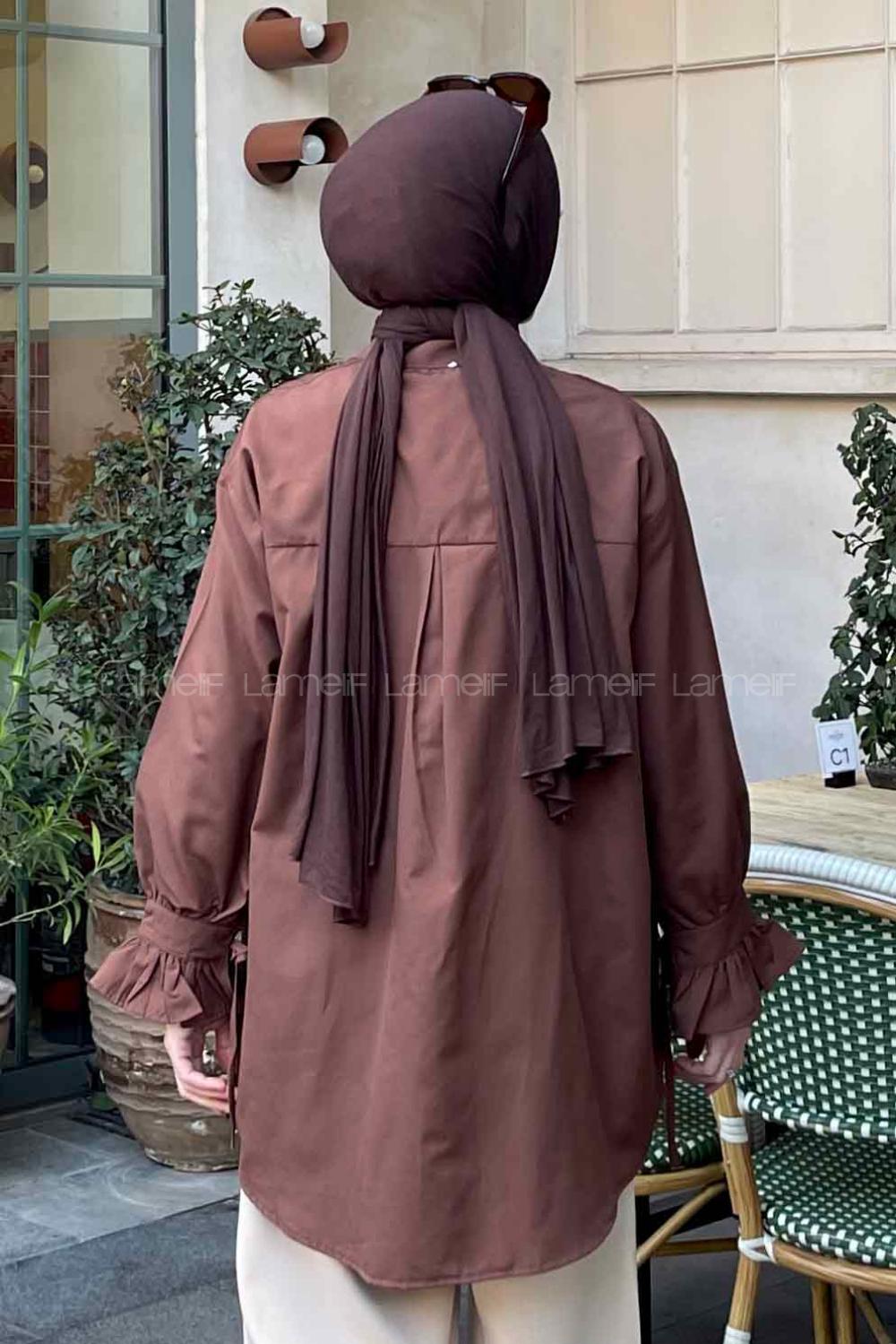 Lamelif Flores Fırfırlı Tunik Kahverengi