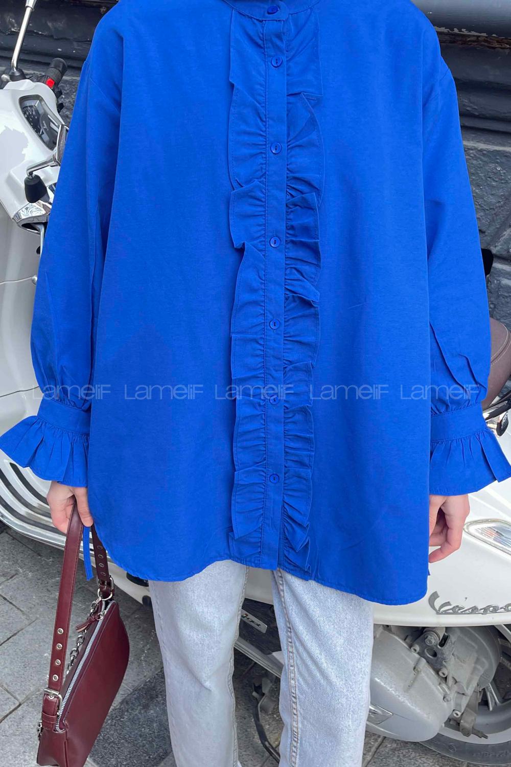 Lamelif Flores Fırfırlı Tunik Saks Mavisi