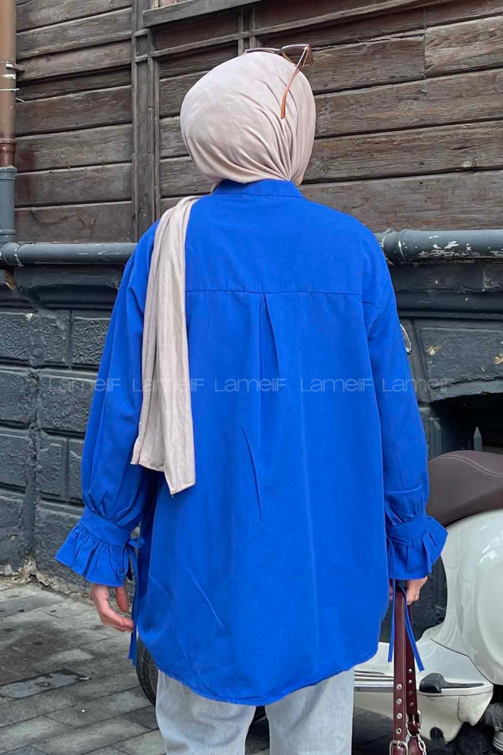 Lamelif Flores Fırfırlı Tunik Saks Mavisi