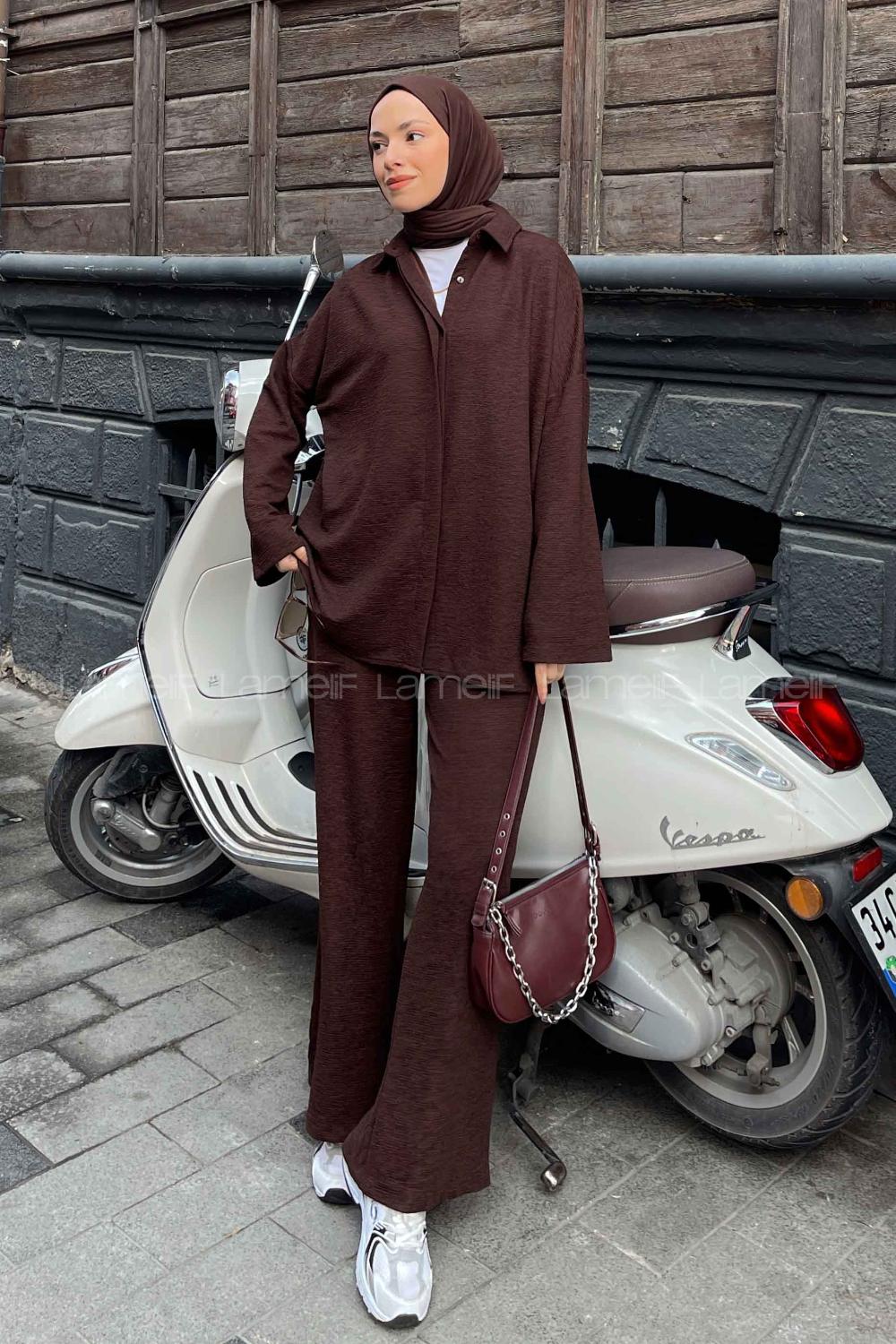 Lamelif  Krinkıl Gömlek Pantolon Takım Acı Kahve