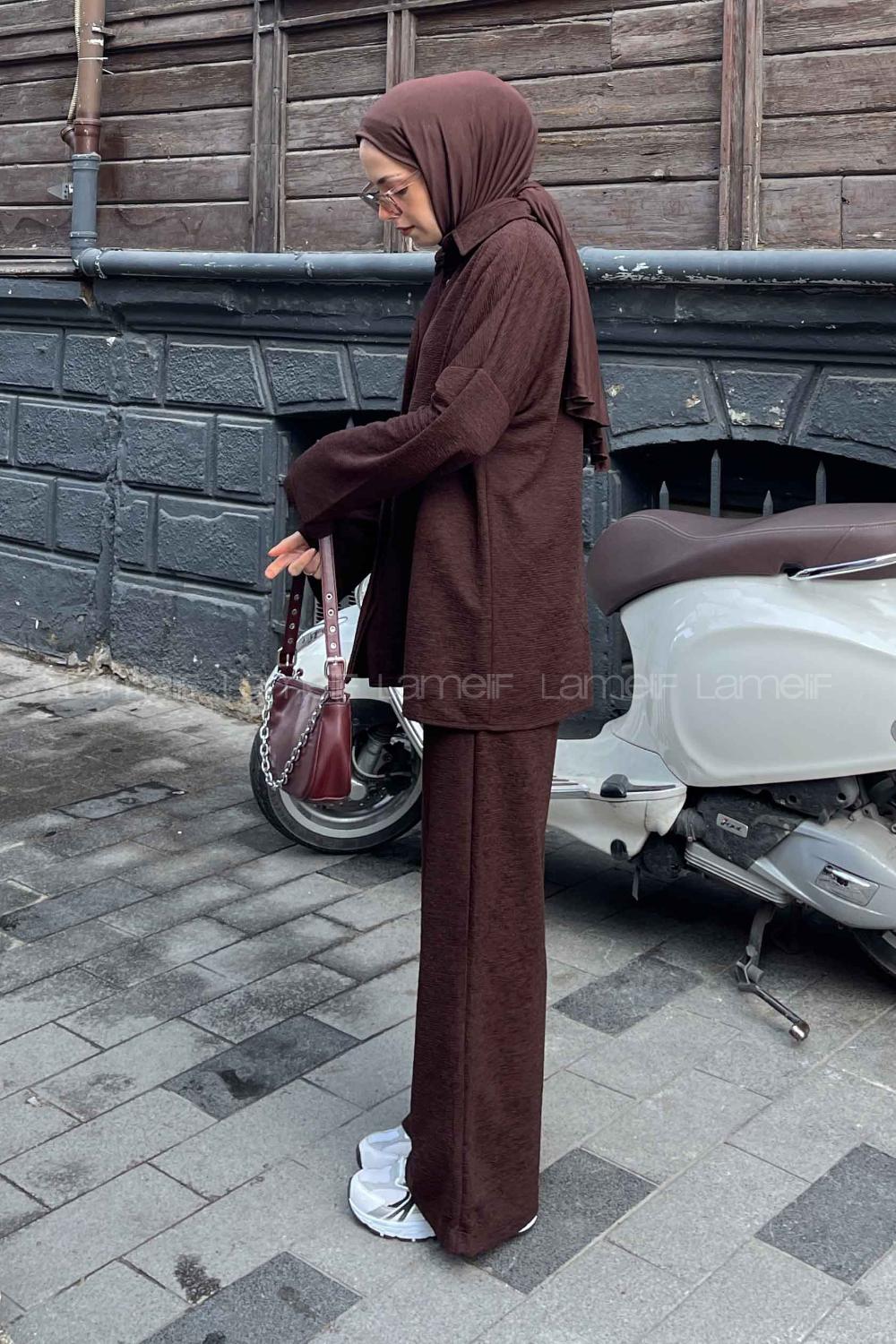 Lamelif  Krinkıl Gömlek Pantolon Takım Acı Kahve
