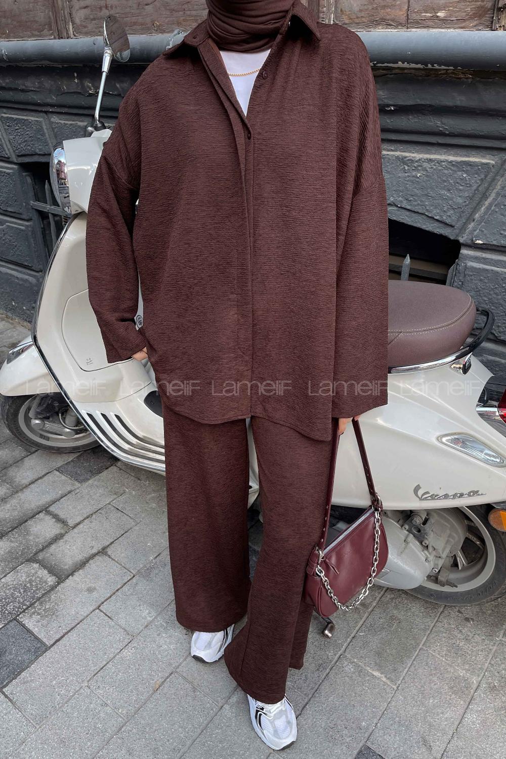 Lamelif  Krinkıl Gömlek Pantolon Takım Acı Kahve