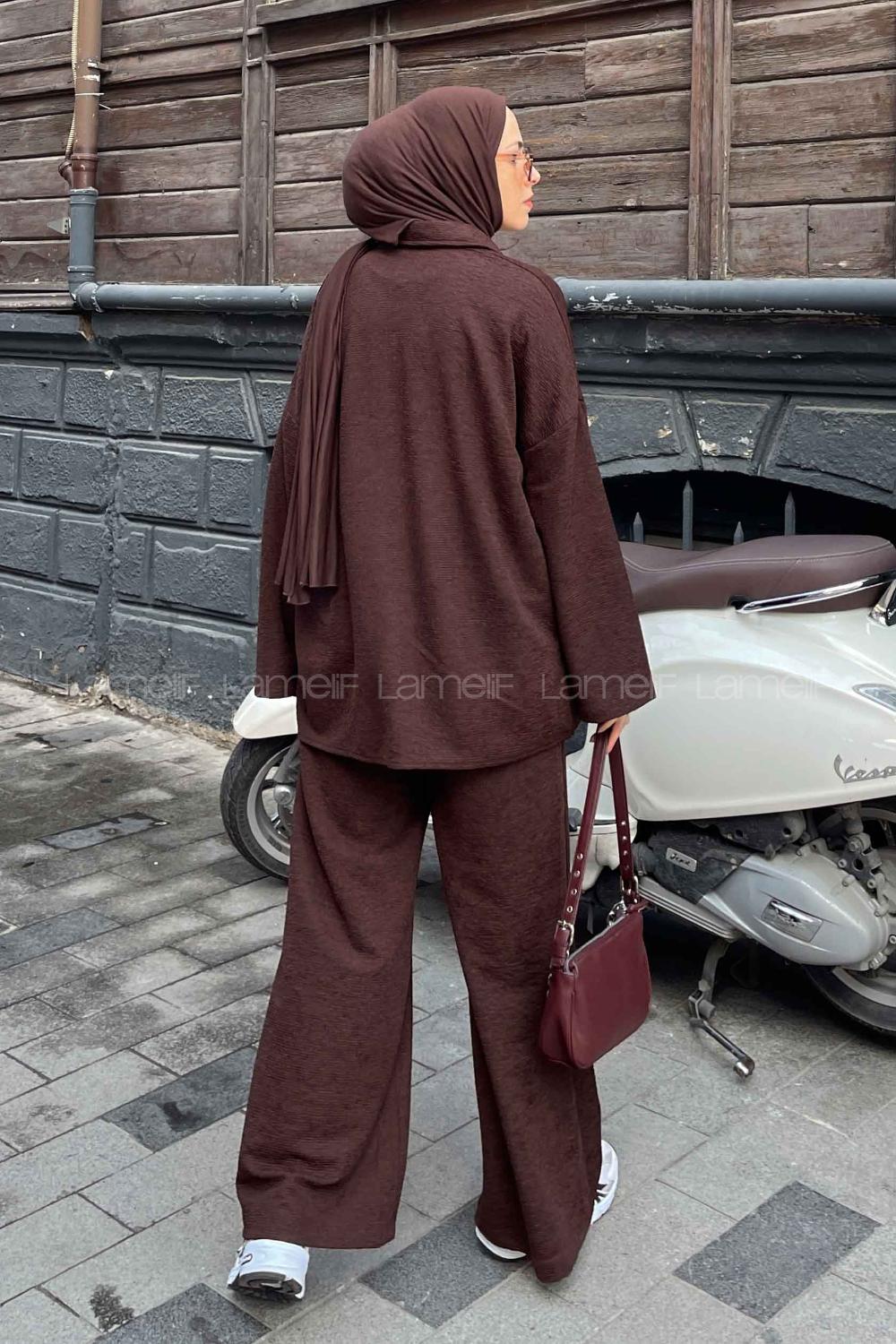 Lamelif  Krinkıl Gömlek Pantolon Takım Acı Kahve