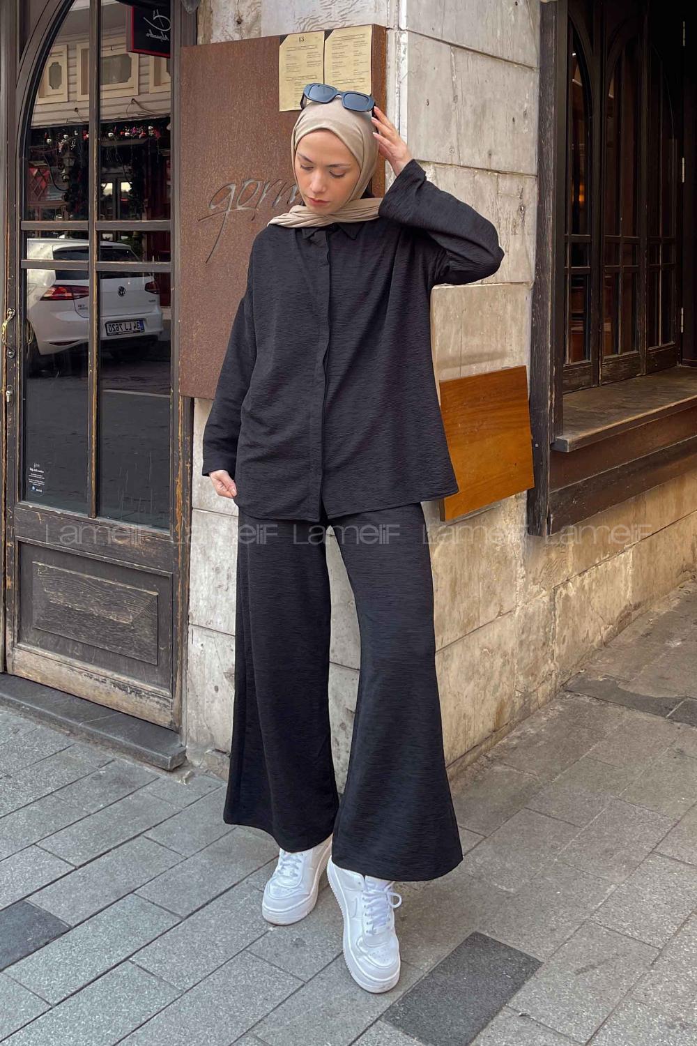 Black Shirt Collar Long Arm Poplin Fabric Lycra Regular Trousers Comfortable Suit