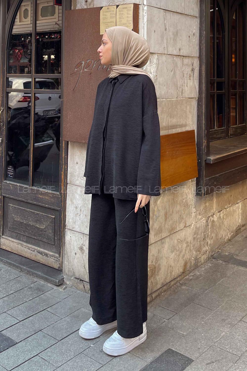 Black Shirt Collar Long Arm Poplin Fabric Lycra Regular Trousers Comfortable Suit