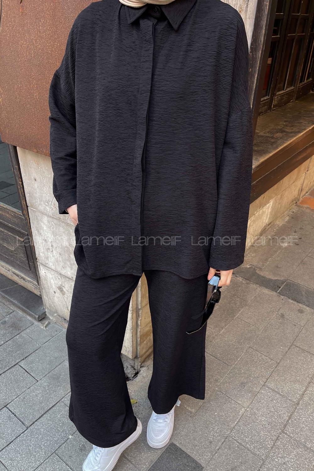 Black Shirt Collar Long Arm Poplin Fabric Lycra Regular Trousers Comfortable Suit