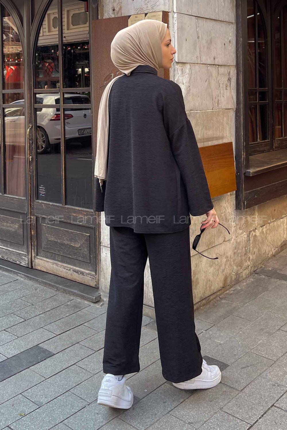 Black Shirt Collar Long Arm Poplin Fabric Lycra Regular Trousers Comfortable Suit