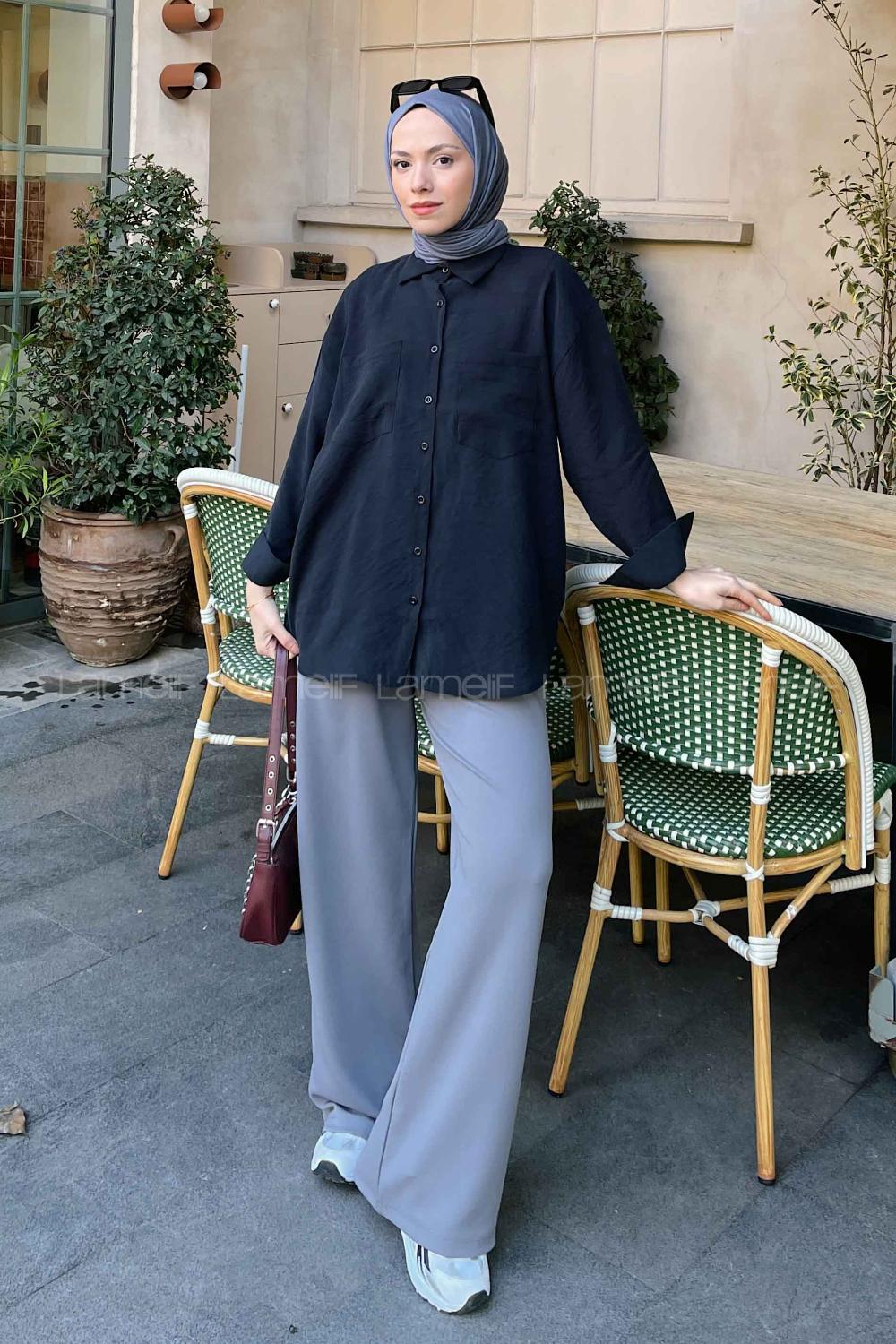 Black Shirt Collar Long Arm Viscose Fabric Shirt