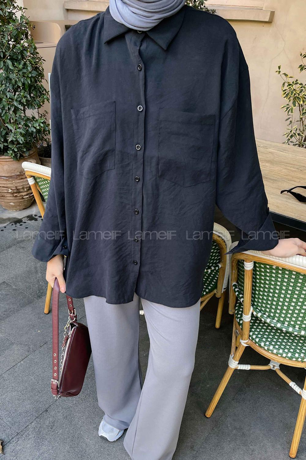 Black Shirt Collar Long Arm Viscose Fabric Shirt