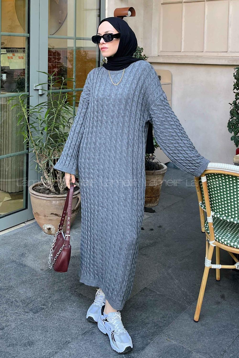 Lamelif Saç Örgü Uzun Elbise Füme