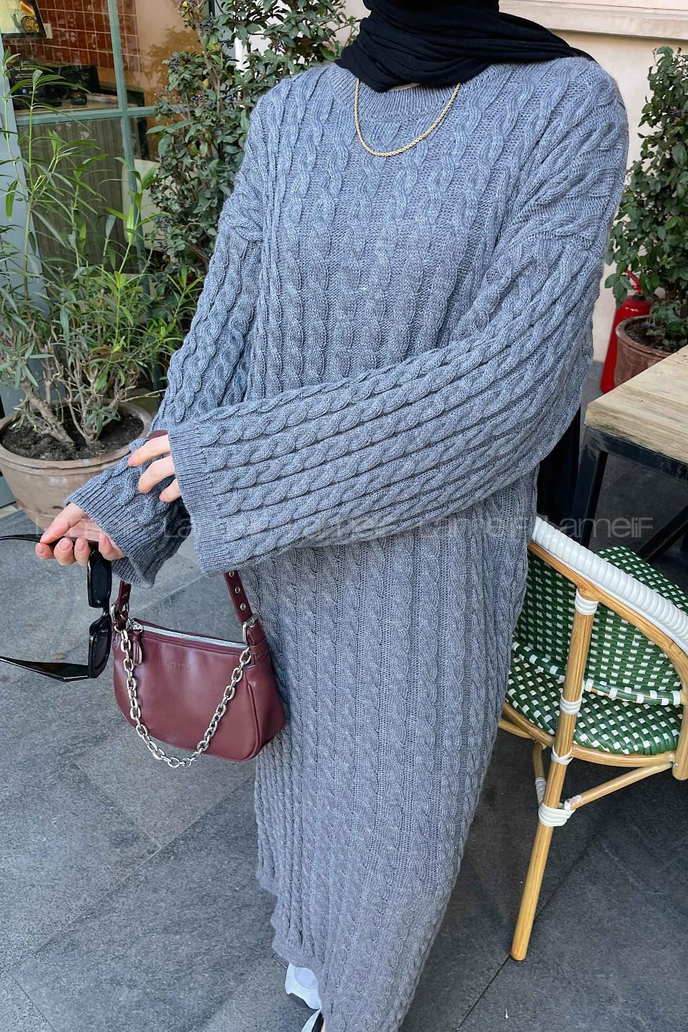 Lamelif Saç Örgü Uzun Elbise Füme