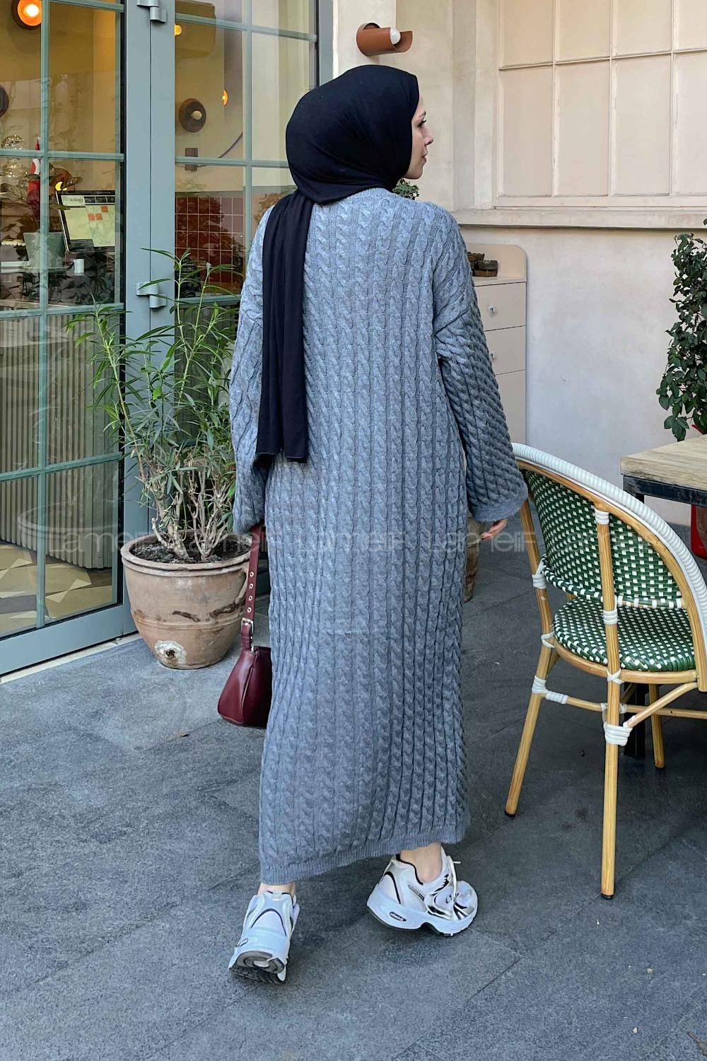 Lamelif Saç Örgü Uzun Elbise Füme