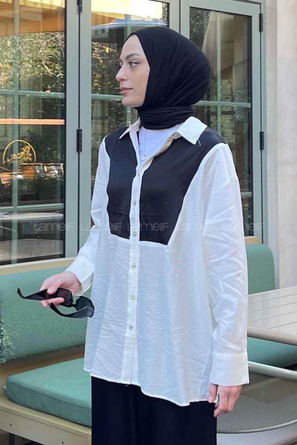 Lamelif Saten Detaylı Gömlek Beyaz