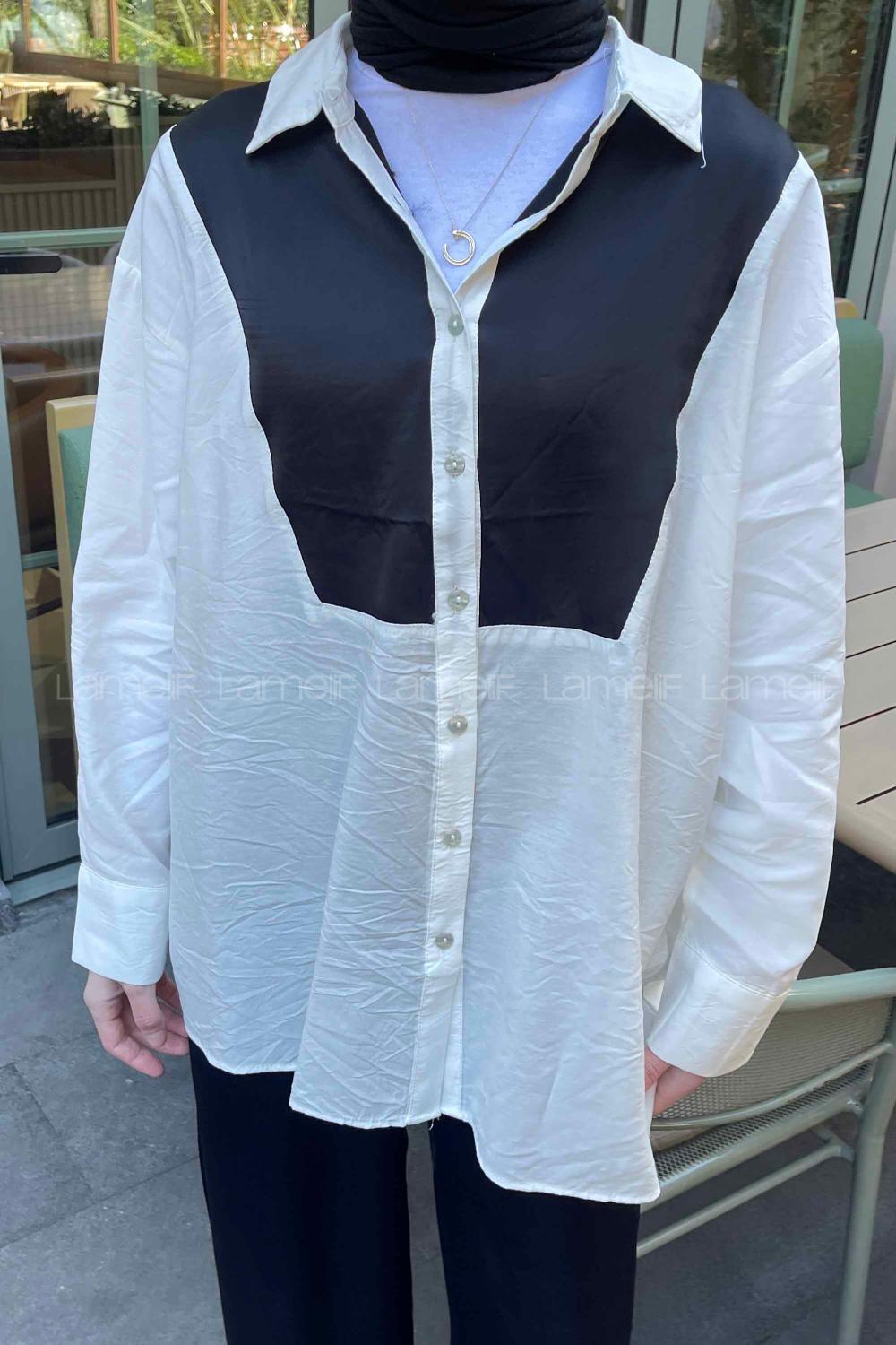 Lamelif Saten Detaylı Gömlek Beyaz