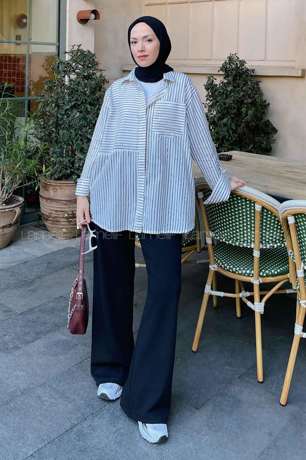 White Black Shirt Collar Long Arm Viscose Fabric Shirt