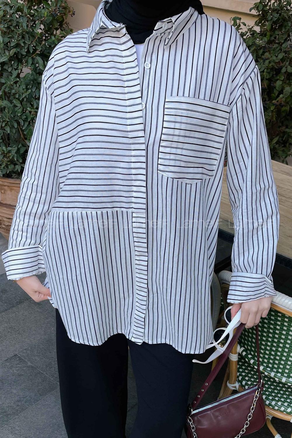 White Black Shirt Collar Long Arm Viscose Fabric Shirt