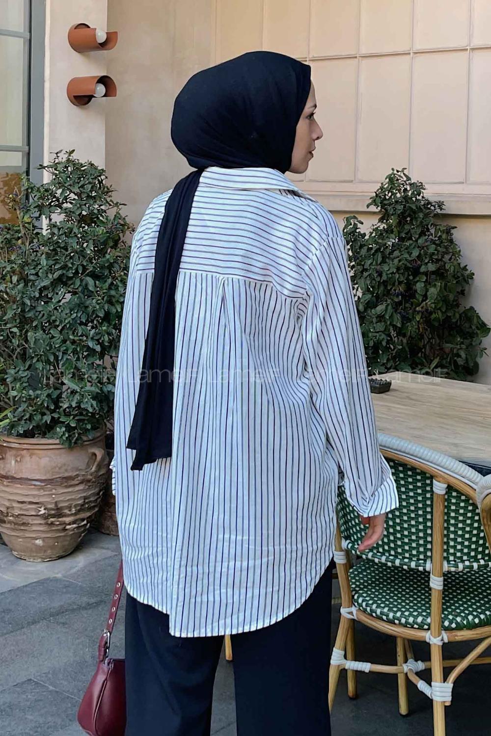 White Black Shirt Collar Long Arm Viscose Fabric Shirt