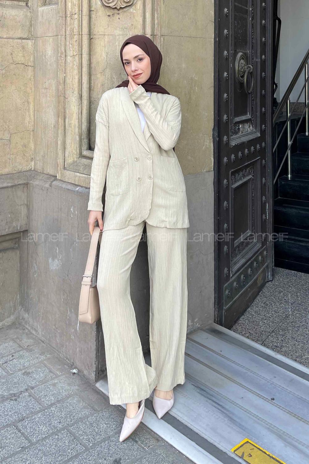 Beige V Neck Long Arm Cotton Fabric Viscose Fabric Regular Trousers Comfortable Suit
