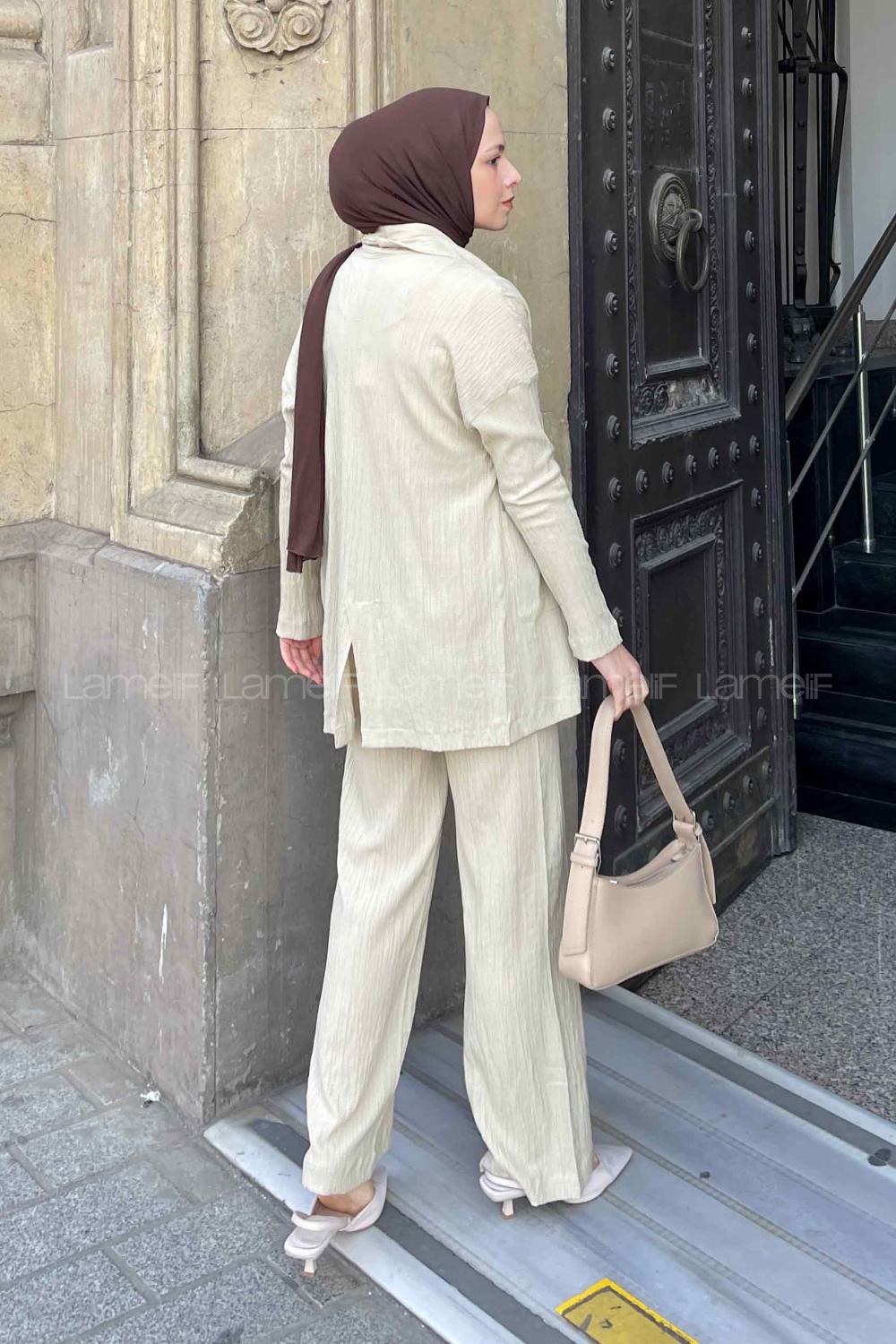 Beige V Neck Long Arm Cotton Fabric Viscose Fabric Regular Trousers Comfortable Suit