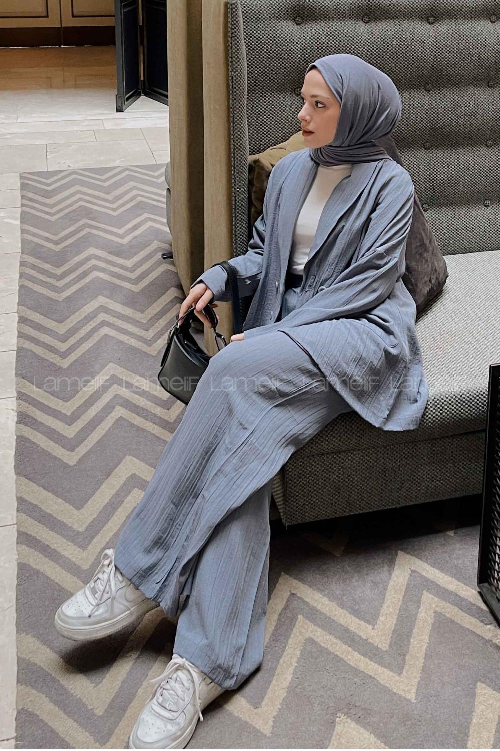 Smoked V Neck Long Arm Cotton Fabric Viscose Fabric Regular Trousers Comfortable Suit