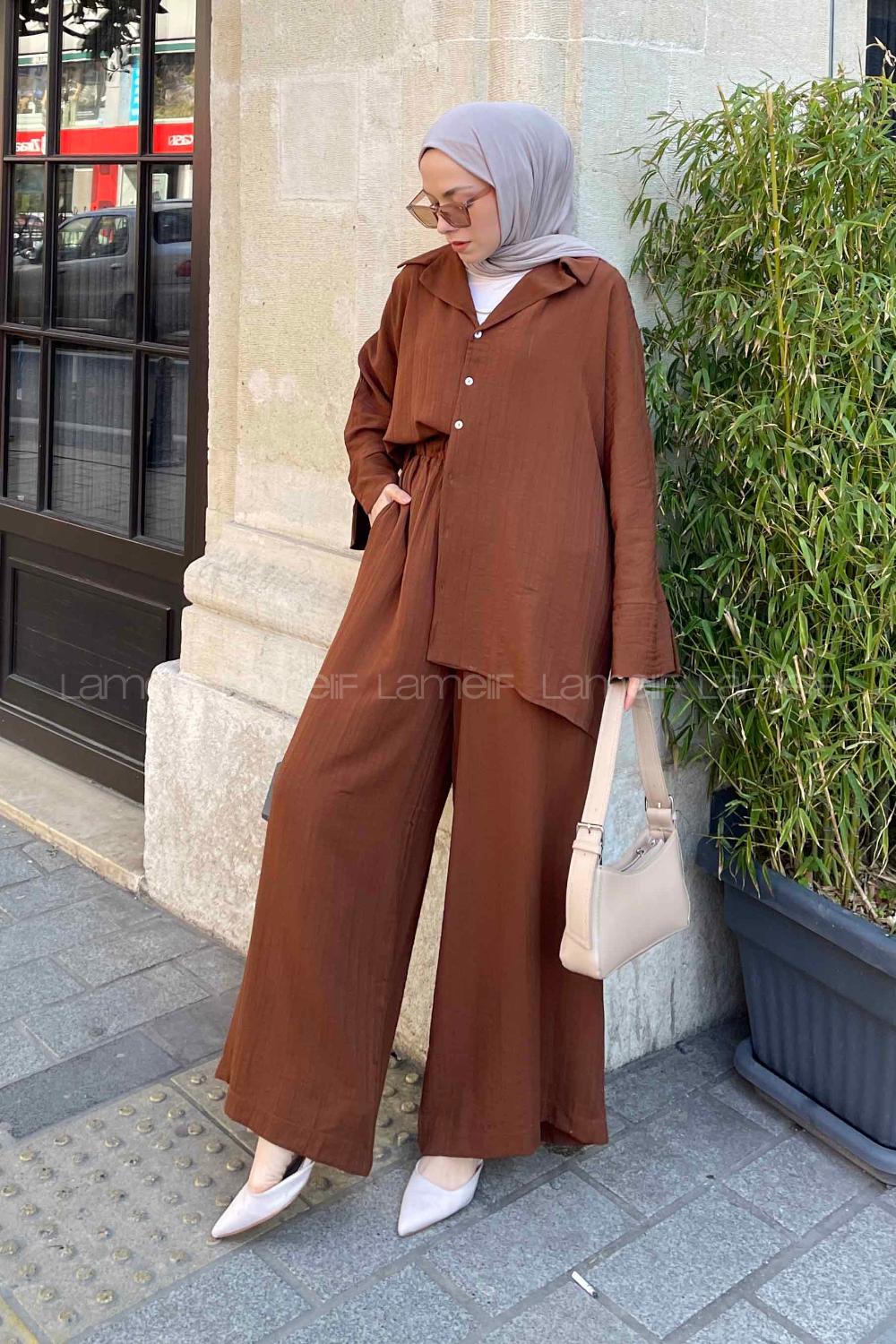 Brown Shirt Collar Bat Sleeve Arm Cotton Fabric Viscose Fabric Regular Trousers Comfortable Suit