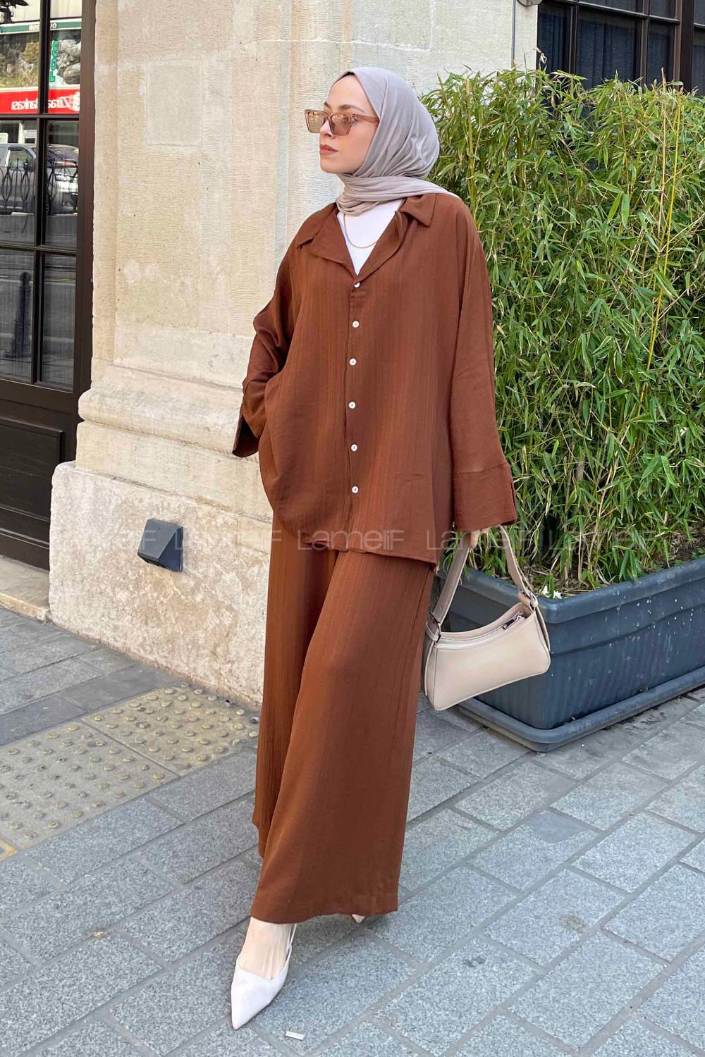 Brown Shirt Collar Bat Sleeve Arm Cotton Fabric Viscose Fabric Regular Trousers Comfortable Suit