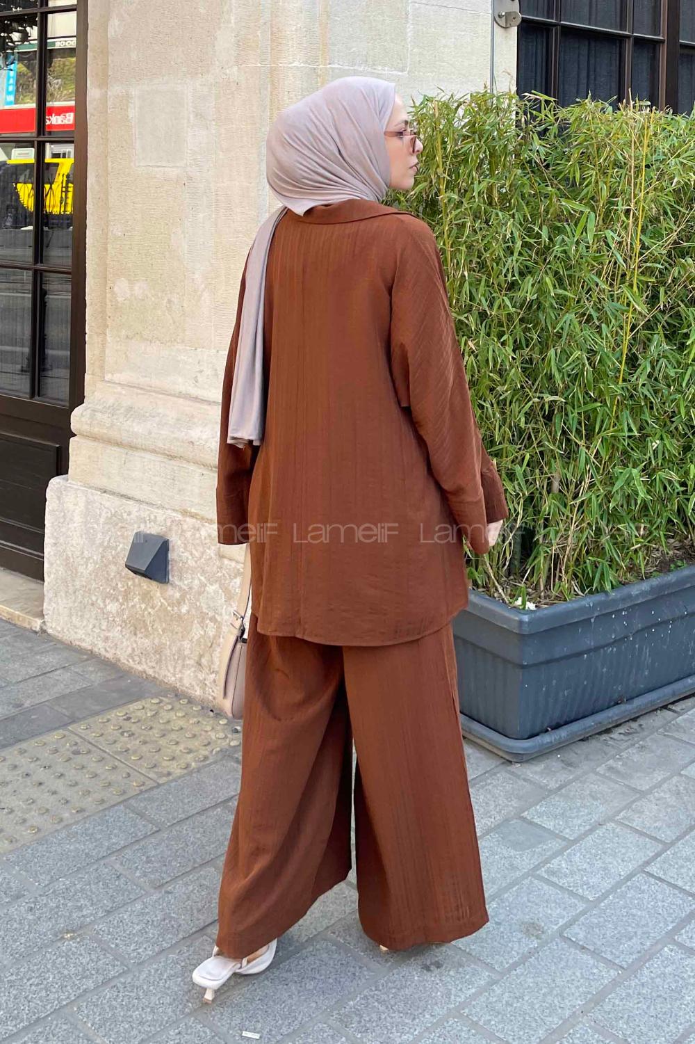 Brown Shirt Collar Bat Sleeve Arm Cotton Fabric Viscose Fabric Regular Trousers Comfortable Suit