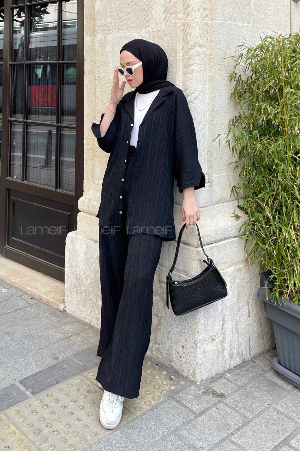 Black Shirt Collar Bat Sleeve Arm Cotton Fabric Viscose Fabric Regular Trousers Comfortable Suit