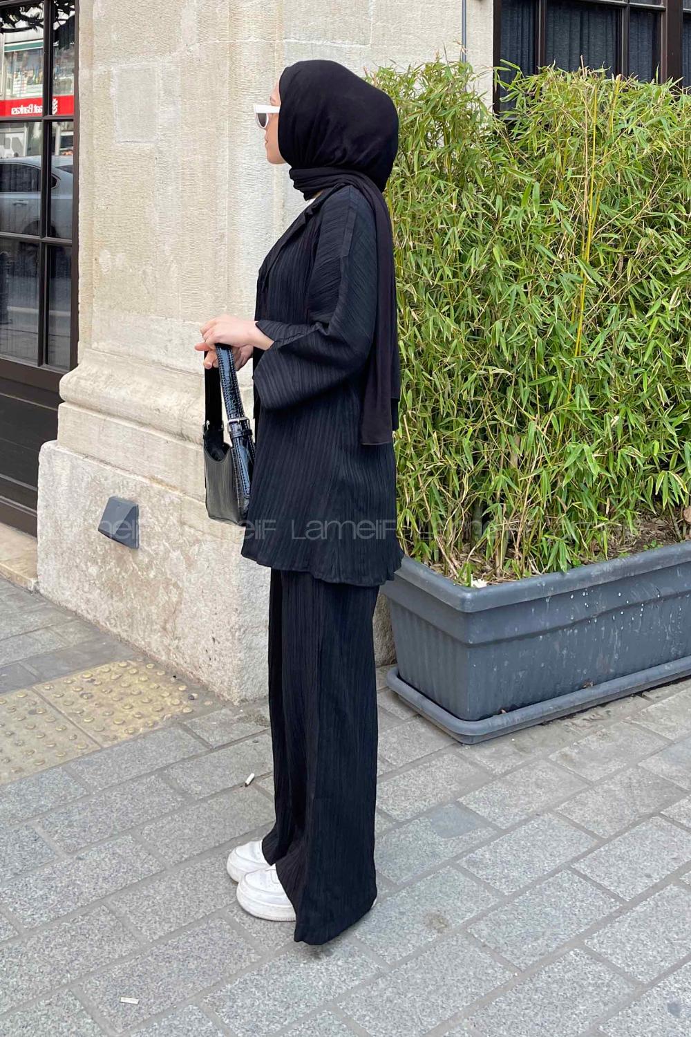 Black Shirt Collar Bat Sleeve Arm Cotton Fabric Viscose Fabric Regular Trousers Comfortable Suit