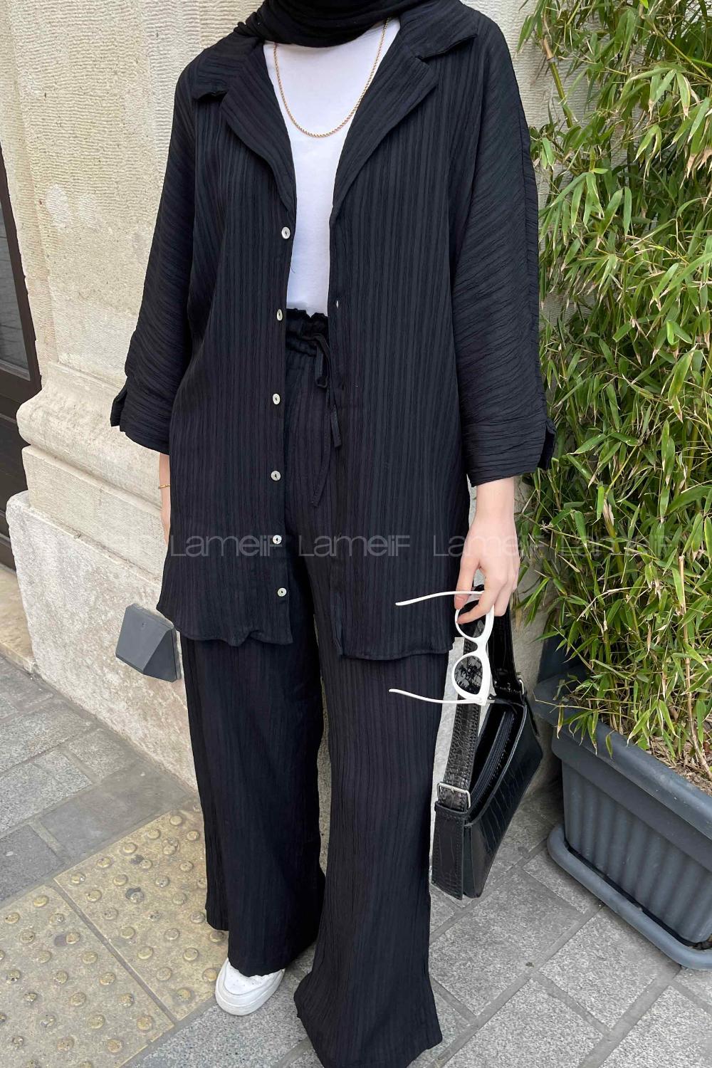 Black Shirt Collar Bat Sleeve Arm Cotton Fabric Viscose Fabric Regular Trousers Comfortable Suit