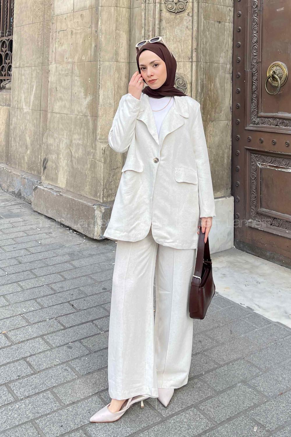Lamelif Keten Klasik Ceket Pantolon Tesettür Takım Taş Rengi