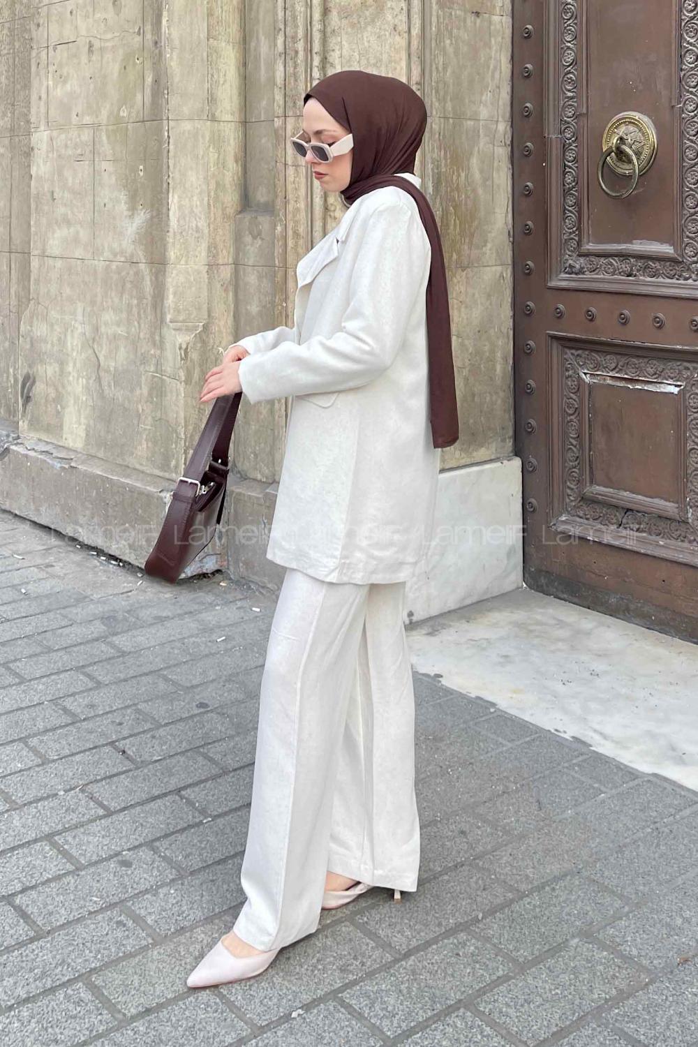 Lamelif Keten Klasik Ceket Pantolon Tesettür Takım Taş Rengi