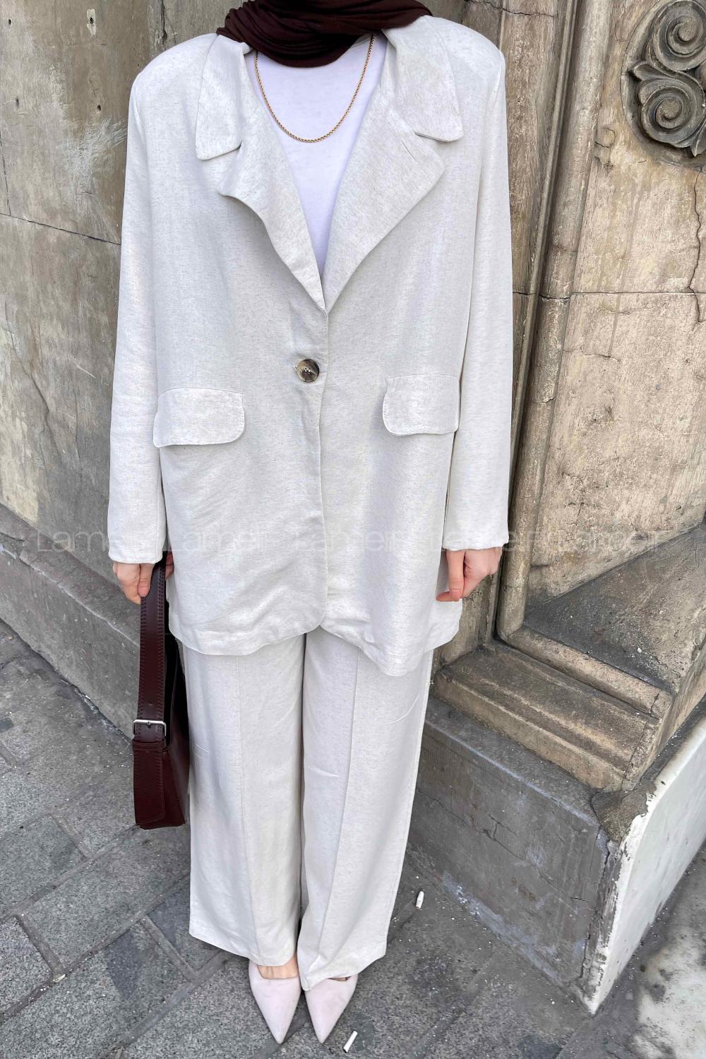 Lamelif Keten Klasik Ceket Pantolon Tesettür Takım Taş Rengi