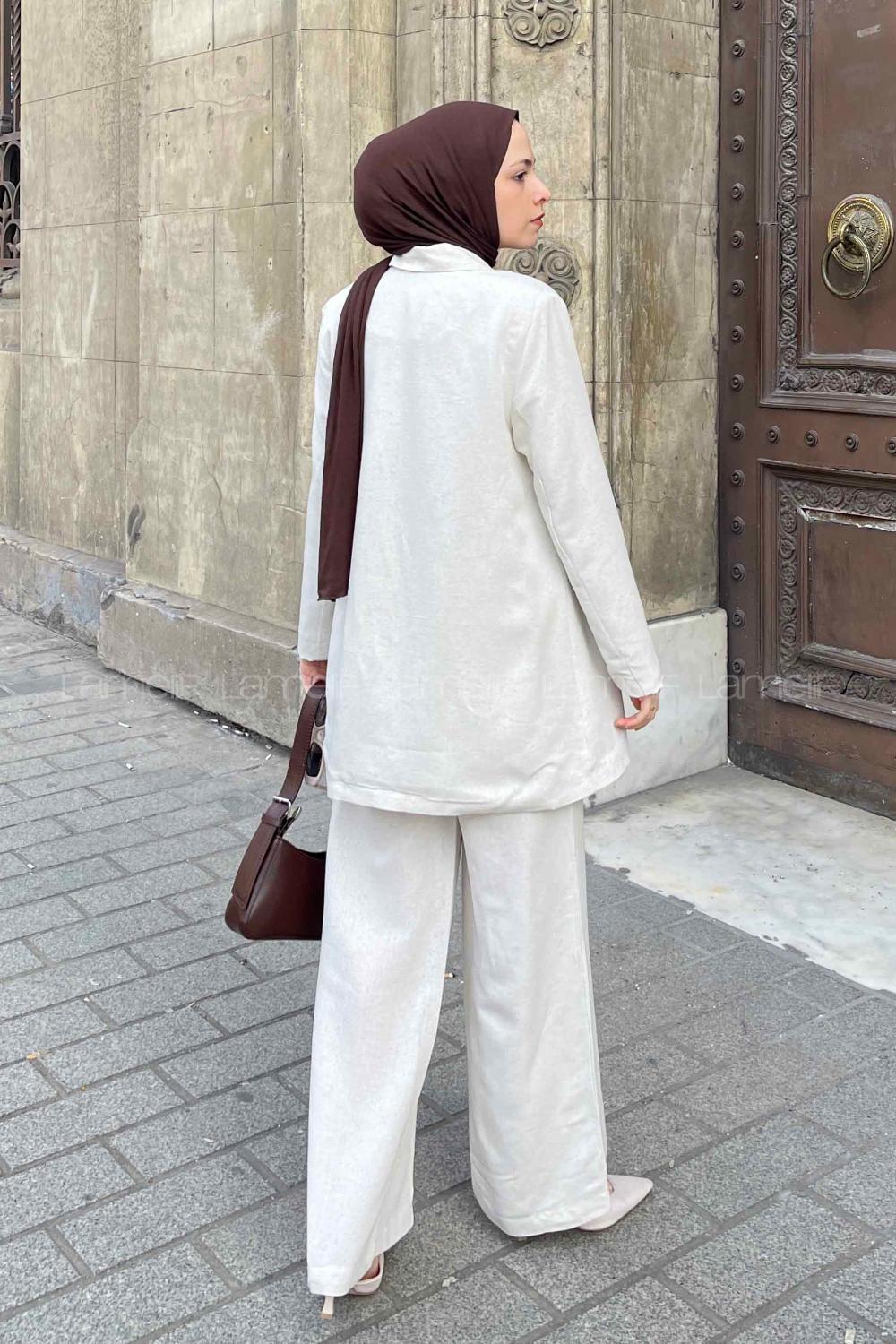 Lamelif Keten Klasik Ceket Pantolon Tesettür Takım Taş Rengi