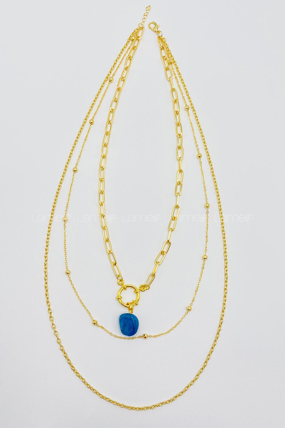 Lamelif 3Lü Kombin Mavi Doğal Taş Detaylı Set Kolye